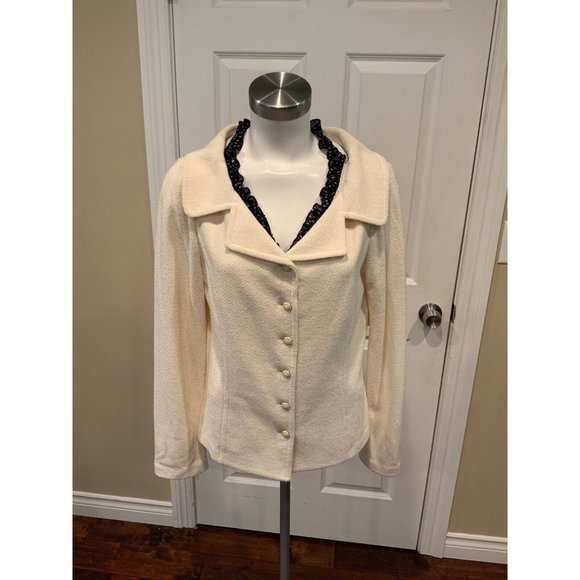 St. John Collection Cream Tweed Wool Jacket w/ Blue Ruffle Trim, Size 10 NWT!